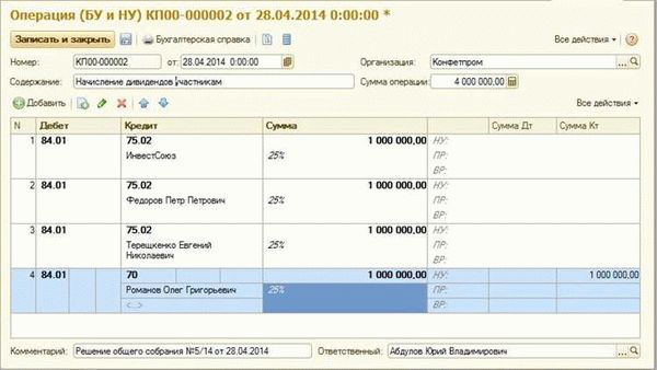 Ручная выплата дивидендов в программе 1С 8.3